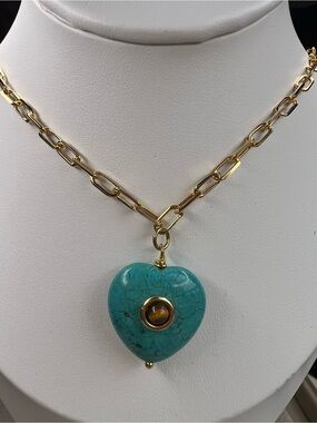 Paperclip Turquoise and Tiger Eye Heart 24K Gold Plated Necklace NWOT